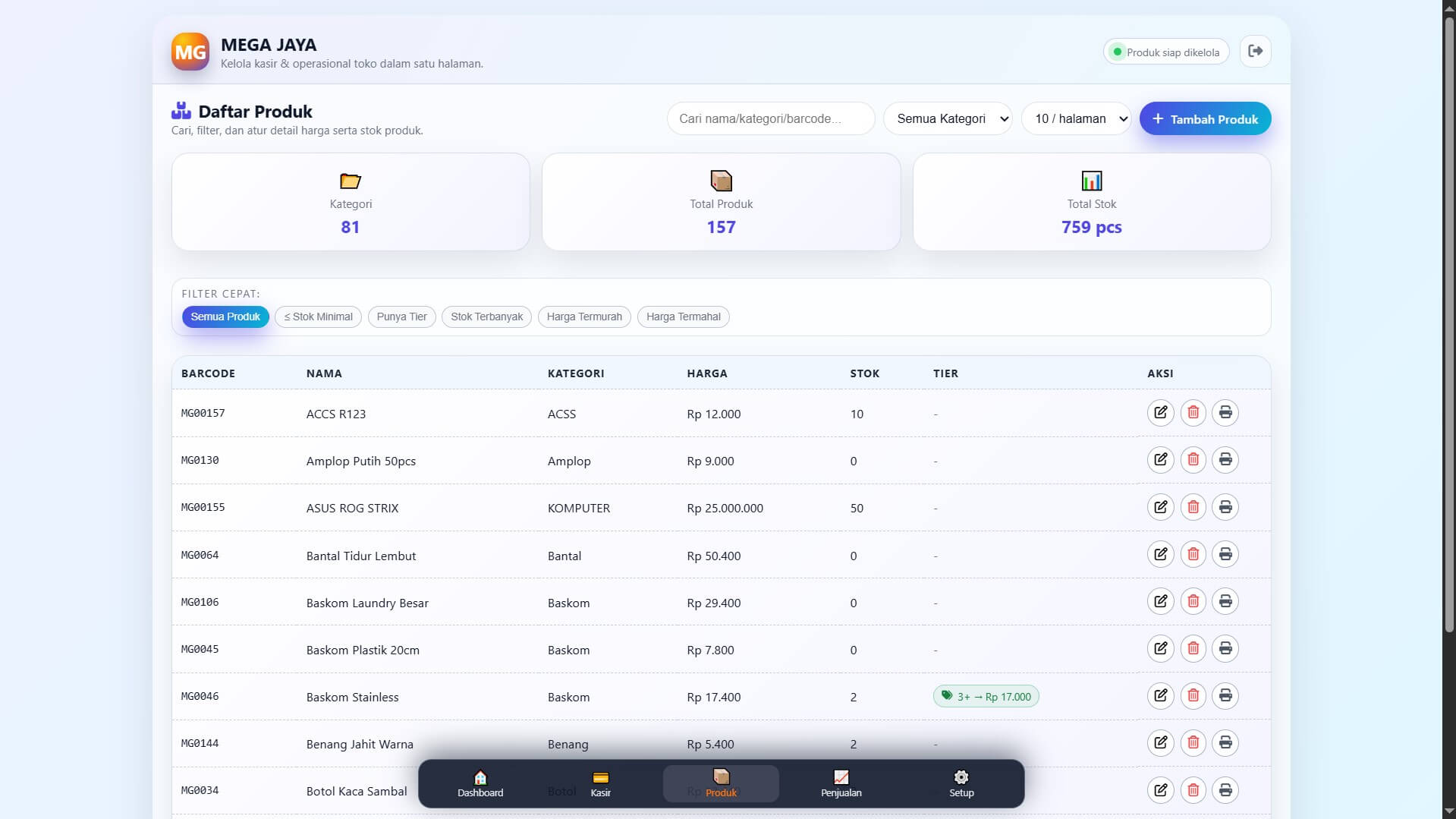 Tampilan halaman monitoring stok real-time